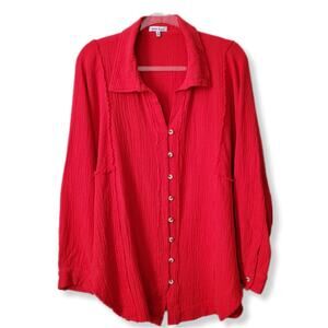 Women White Birch Red Gauze Shirt Top S Oversize Beach Coastal Holiday Relaxed